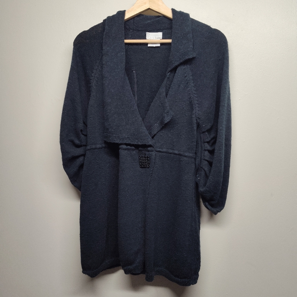 Bibelot Cardigna Sweater Women Size L Black Linen Cotton Blend 3/4 Sleeve Relax